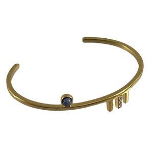 Gold Tone Delicate Cuff Bracelet Blue Stone Rhinestones Contemporary Thin